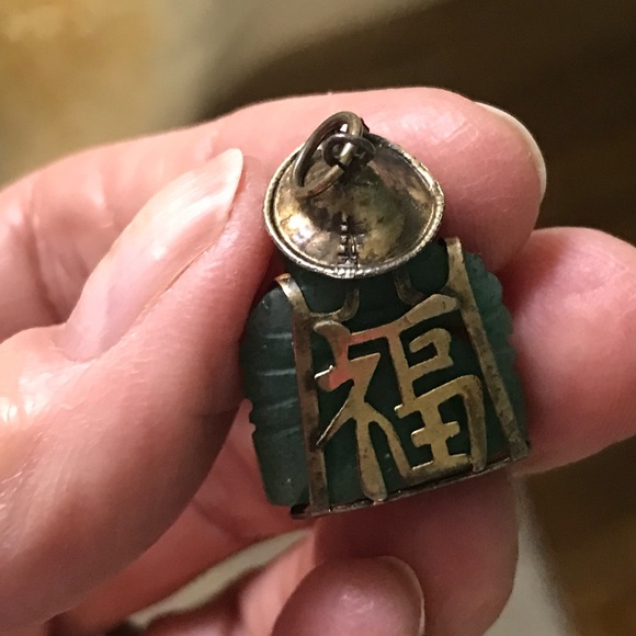 Antique Jewelry - Antique Green Jade Small Carved Buddha with Cone Hat and Ruby Pendat 💚🧧🎁